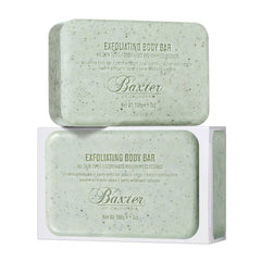 Exfoliating body soap bar, pale green speckled, Baxter logo on wrapped bars