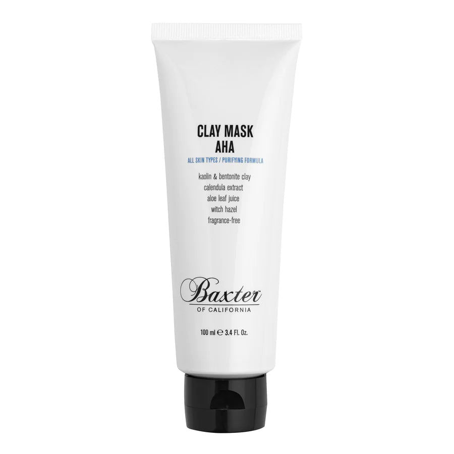 Baxter men's clay mask tube, white cream and black cap, labeled CLAY MASK AHA.