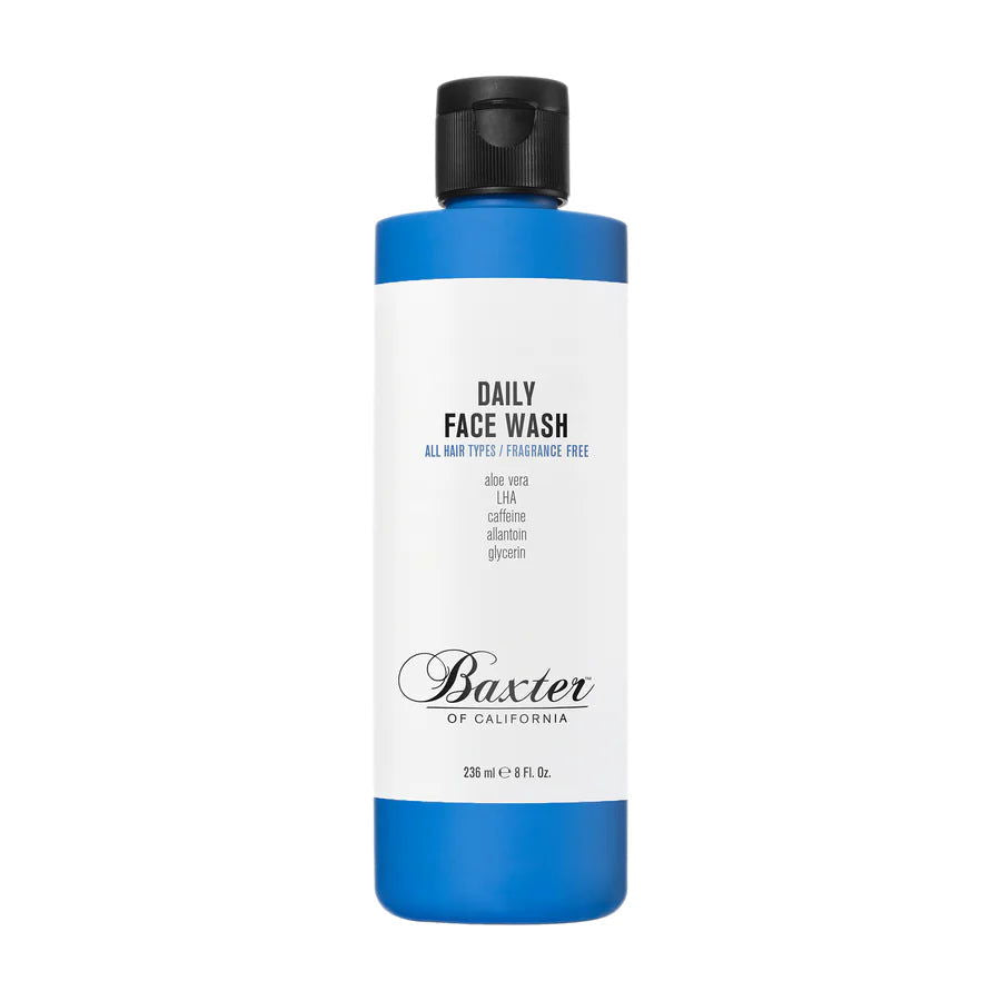 Baxter Daily Face Wash bottle with black cap and blue-and-white label