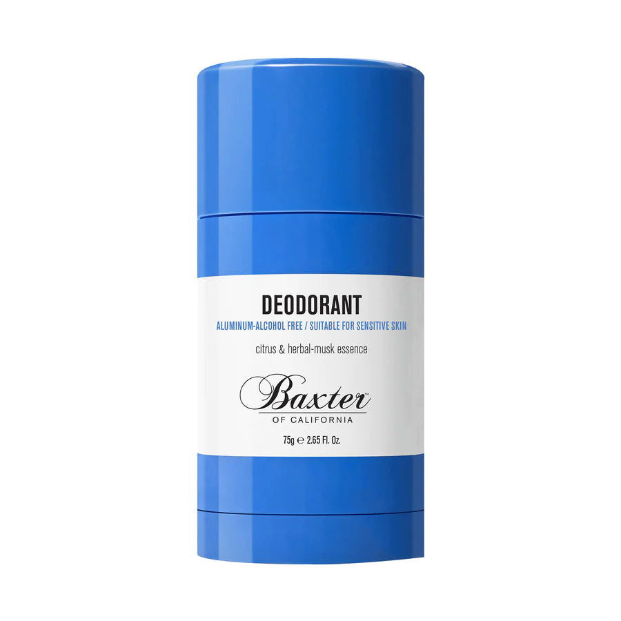 Men's deodorant stick with blue cap and white label, Baxter of California.