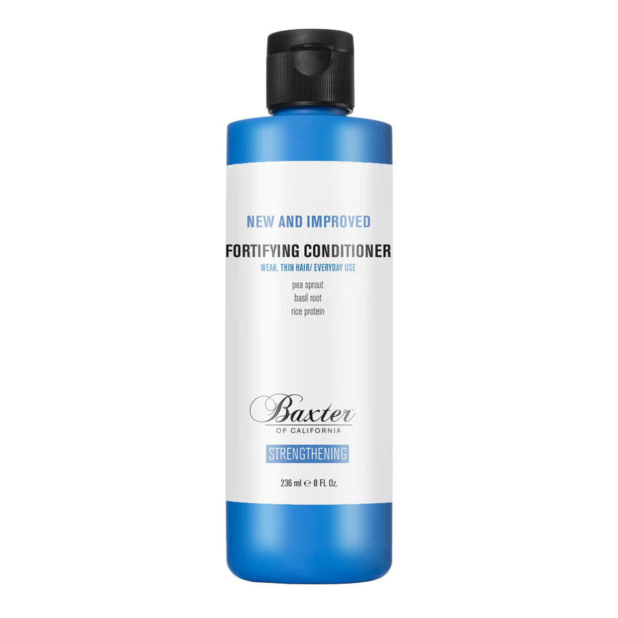 Baxter Fortifying Conditioner bottle, blue and white with black cap, 236 ml
