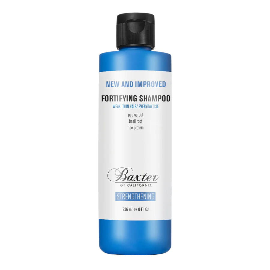 Baxter of California fortifying shampoo bottle, blue and white label