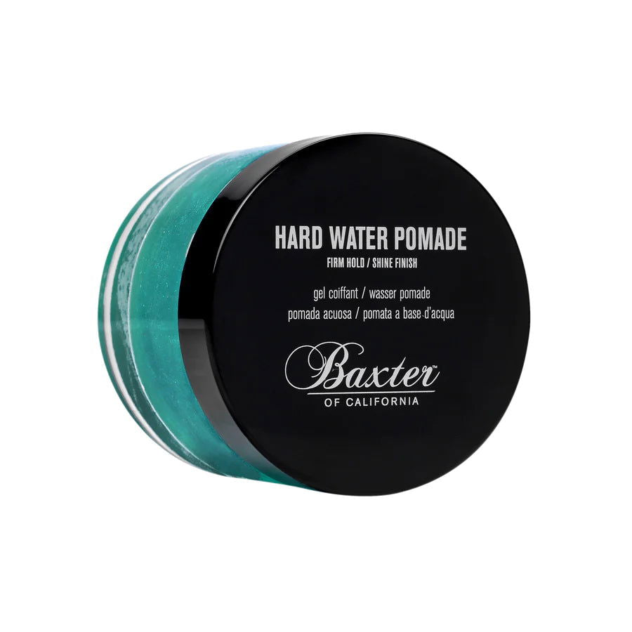 Baxter of California Hard Water Pomade tin with black lid and green side label