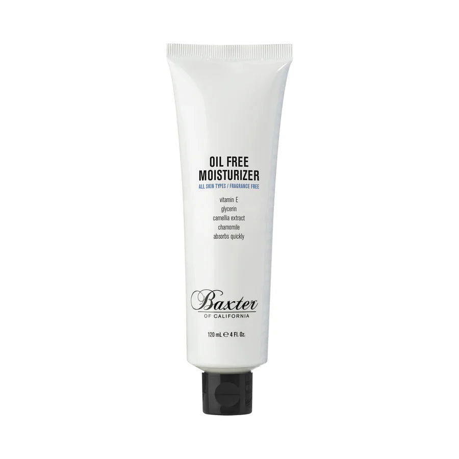 Baxter oil-free mens moisturiser tube, white with black cap, front label visible