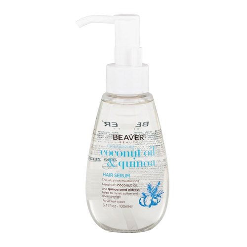 Beaver coconut oil and quinoa hair serum bottle with white pump dispenser, 100ml