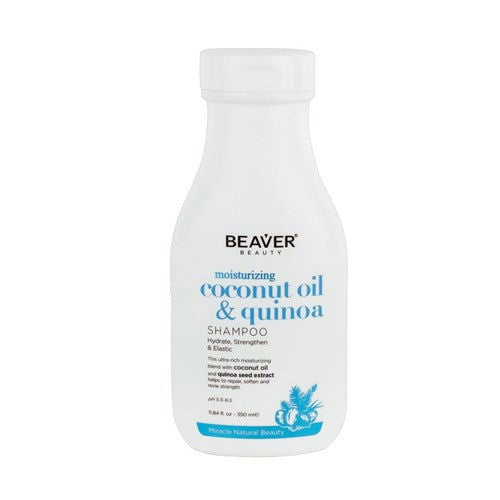 Moisturizing shampoo bottle, white; BEAVER logo; coconut oil & quinoa label