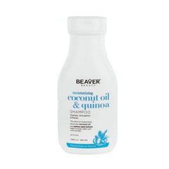 Moisturizing shampoo bottle, white; BEAVER logo; coconut oil & quinoa label