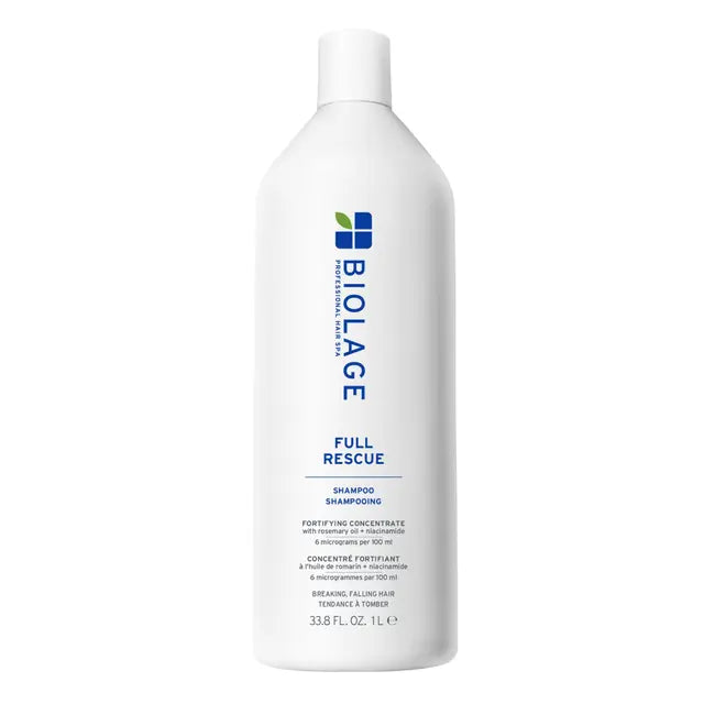 Biolage Full Rescue Shampoo bottle, white bottle with tall cap, front label view.