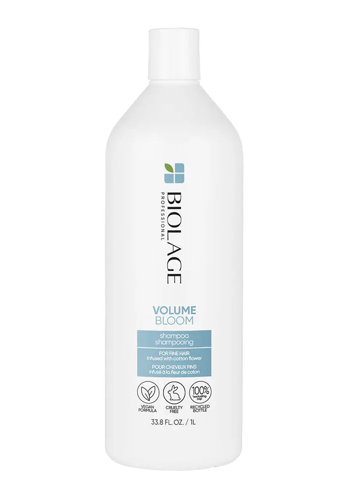 Biolage Volume Bloom shampoo bottle, white plastic bottle with flip-top cap, 1000ml