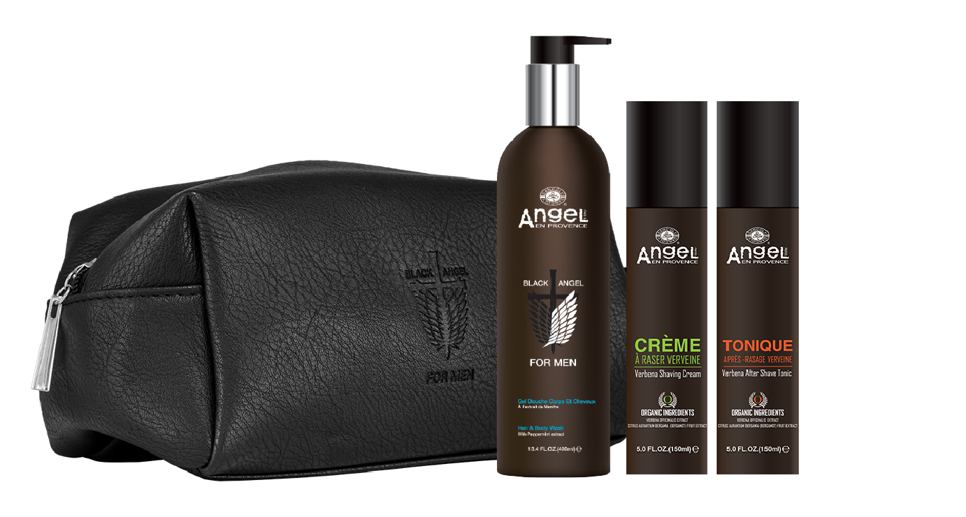 Black leather-look toiletry bag with Angel body care bottles: Black Angel, Crème, Tonic