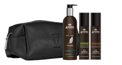 Black leather-look toiletry bag with Angel body care bottles: Black Angel, Crème, Tonic