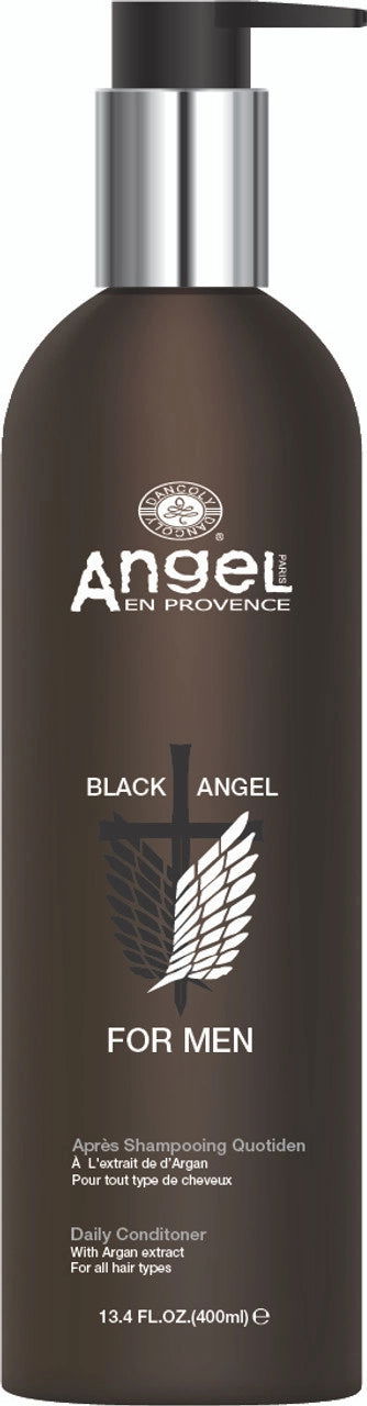Men's daily hair conditioner bottle, dark brown with Angel logo and pump