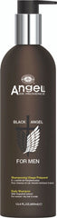 Men's daily shampoo bottle, dark brown with silver pump, Black Angel label
