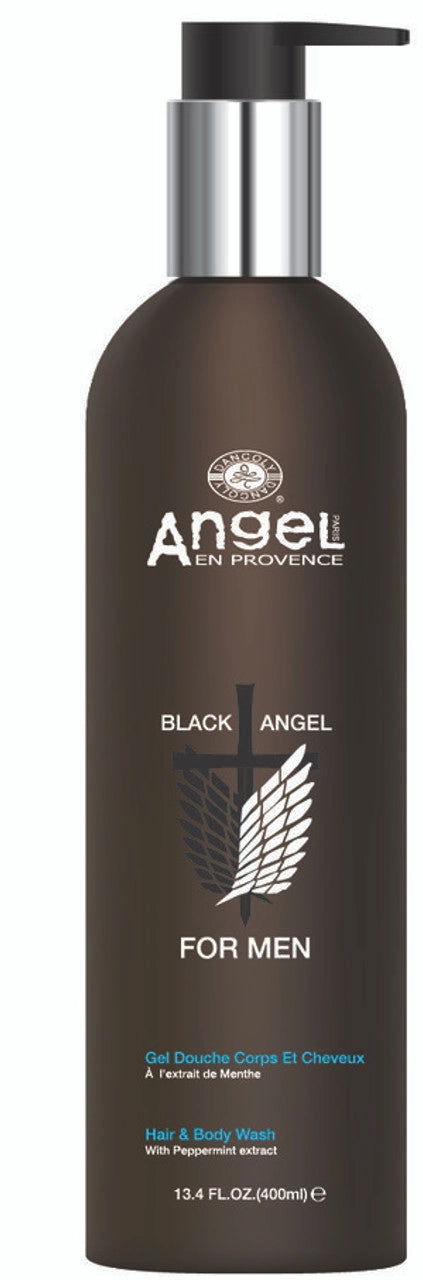 For men hair and body wash bottle, dark pump bottle labeled Black Angel