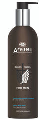 For men hair and body wash bottle, dark pump bottle labeled Black Angel