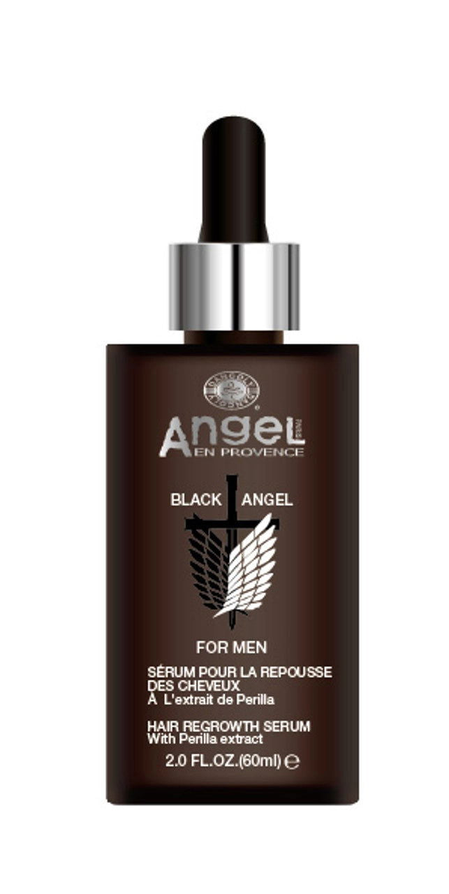 Men's hair regrowth serum bottle with dark brown glass and silver cap, black label