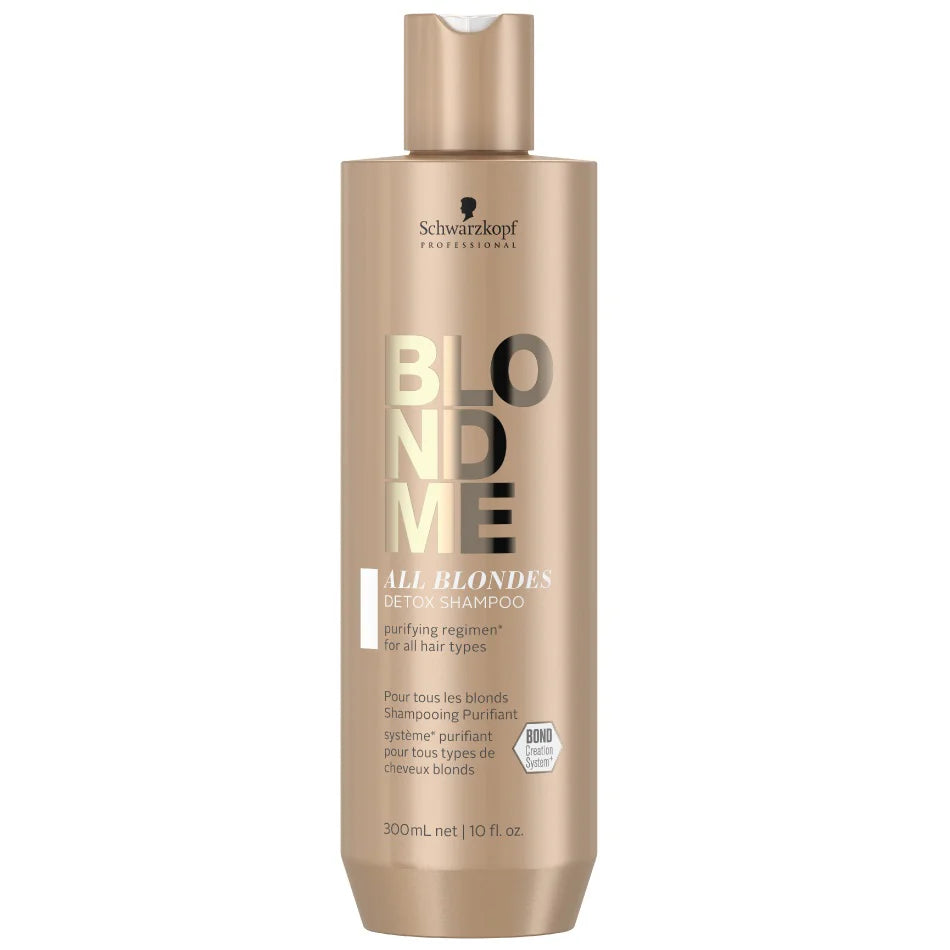 Schwarzkopf Blondme All Blondes detox shampoo bottle, beige/tan with gold cap