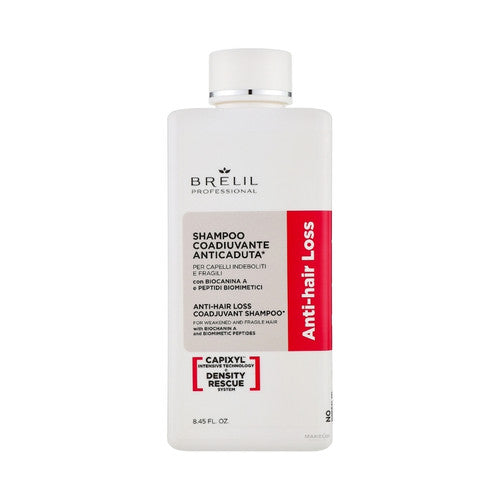 Brelil Anti-Hair Loss shampoo bottle, white with red label and white cap