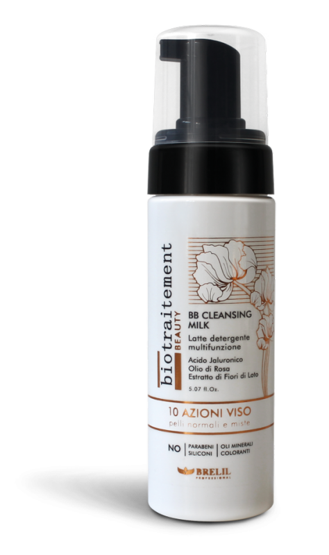 Cleansing milk pump bottle, white with black dispenser and label detail