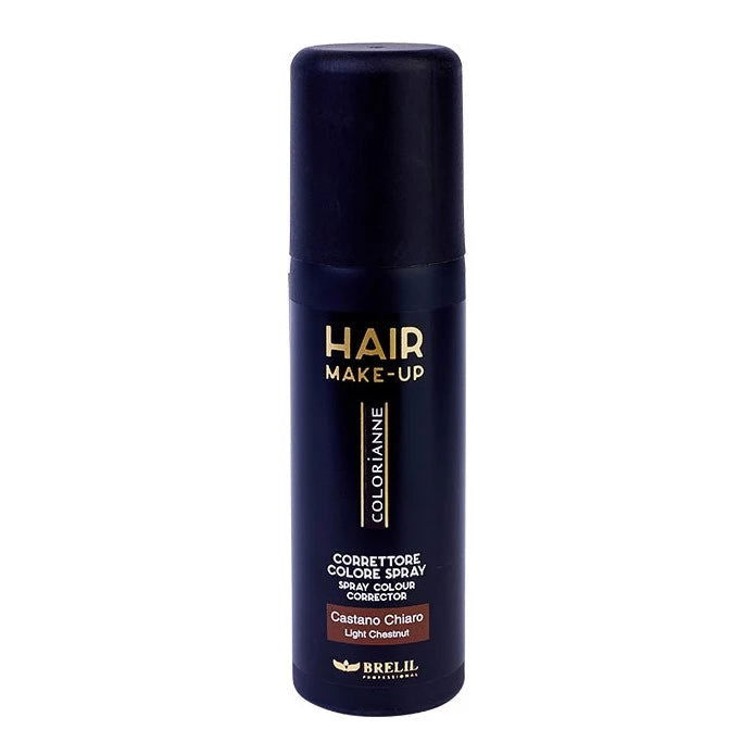 Brelil hair color root touch-up spray, light chestnut shade, dark blue bottle and cap