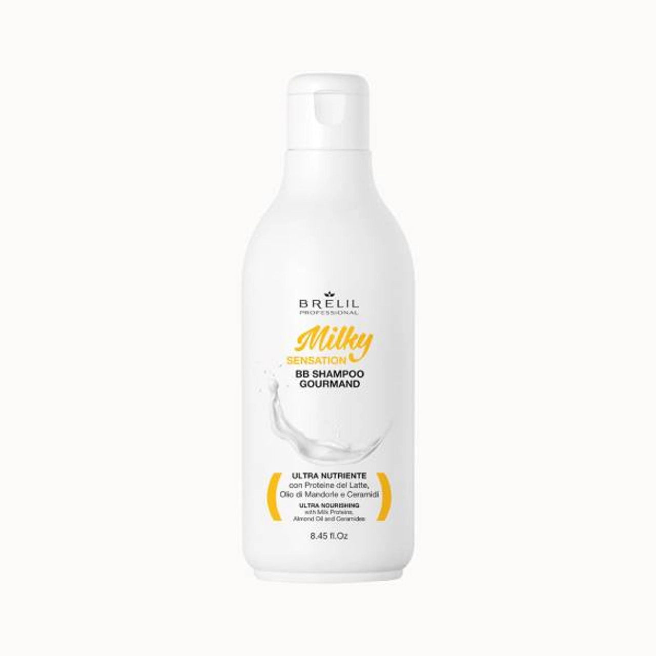 White Brelil Milky Sensation BB Shampoo bottle with flip-top cap, 250 ml