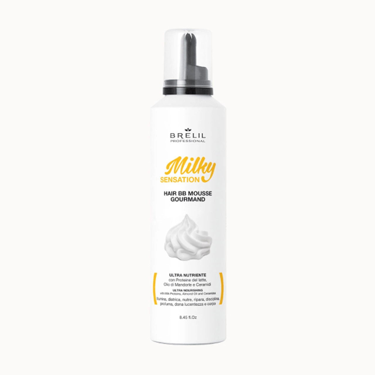 Brelil Milky Sensation Hair BB Mousse bottle, white pump dispenser with gray cap
