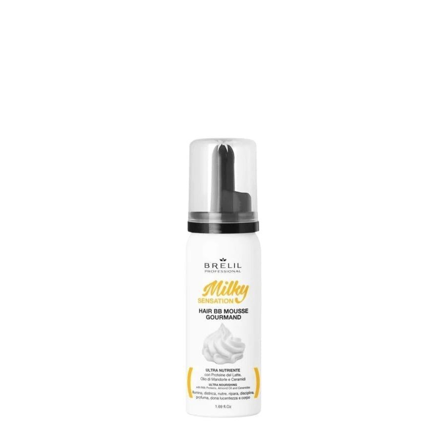 Brelil Milky Sensation hair BB mousse bottle with silver pump, white label
