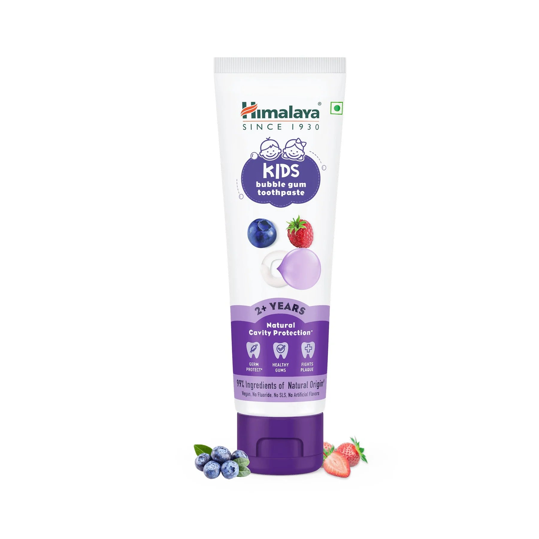 Kids bubble gum toothpaste tube, white with purple base and Himalaya Kids label
