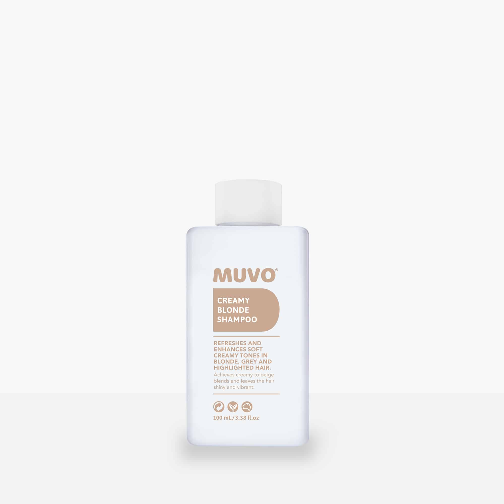 Muvo Creamy Blonde shampoo bottle, plastic, front label and white cap