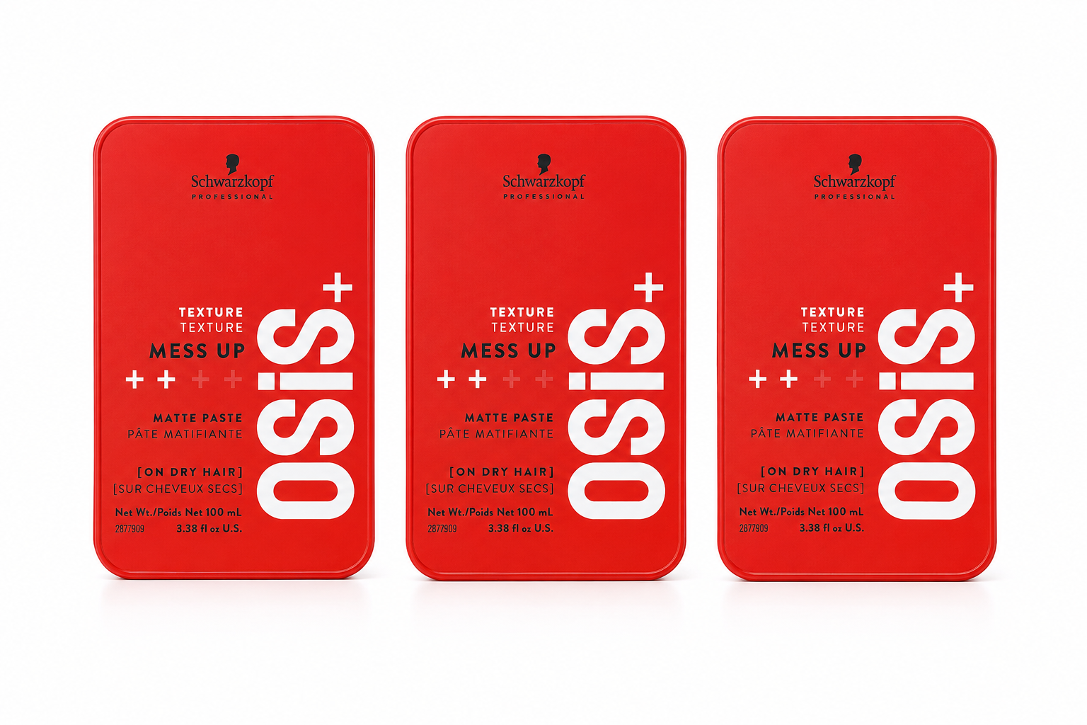 Schwarzkopf OSiS+ matte paste trio in red boxes with black and white label text