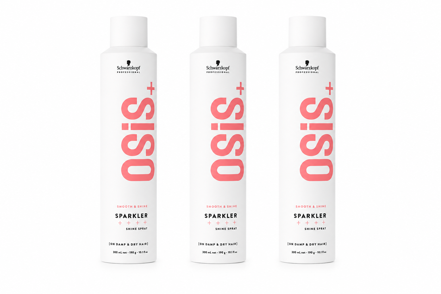 Schwarzkopf OSiS+ Sparkler Shine Spray trio, three white bottles with pink labels