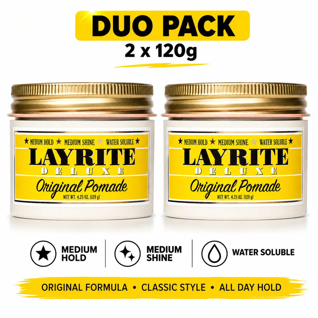 Layrite Original Pomade duo pack: two 120g jars, medium hold, medium shine, water soluble