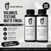 Volumising matte hair styling powder duo: two black bottles with Slick Gorilla branding