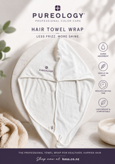 White hair towel wrap with Pureology logo, folded hood style.