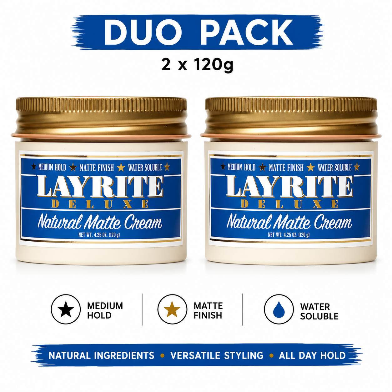 Natural Matte Cream duo pack: two 120g cream jars with gold lids