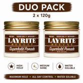 Layrite Superhold pomade duo: two gold jars, water-soluble, high hold, medium shine.