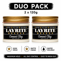 Layrite Cement Clay duo pack: 2x120g matte finish hair styling paste jars