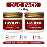 Layrite Supershine Cream duo pack hair pomade, two 120g amber jars with gold lids
