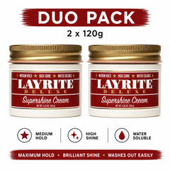 Layrite Supershine Cream duo pack hair pomade, two 120g amber jars with gold lids