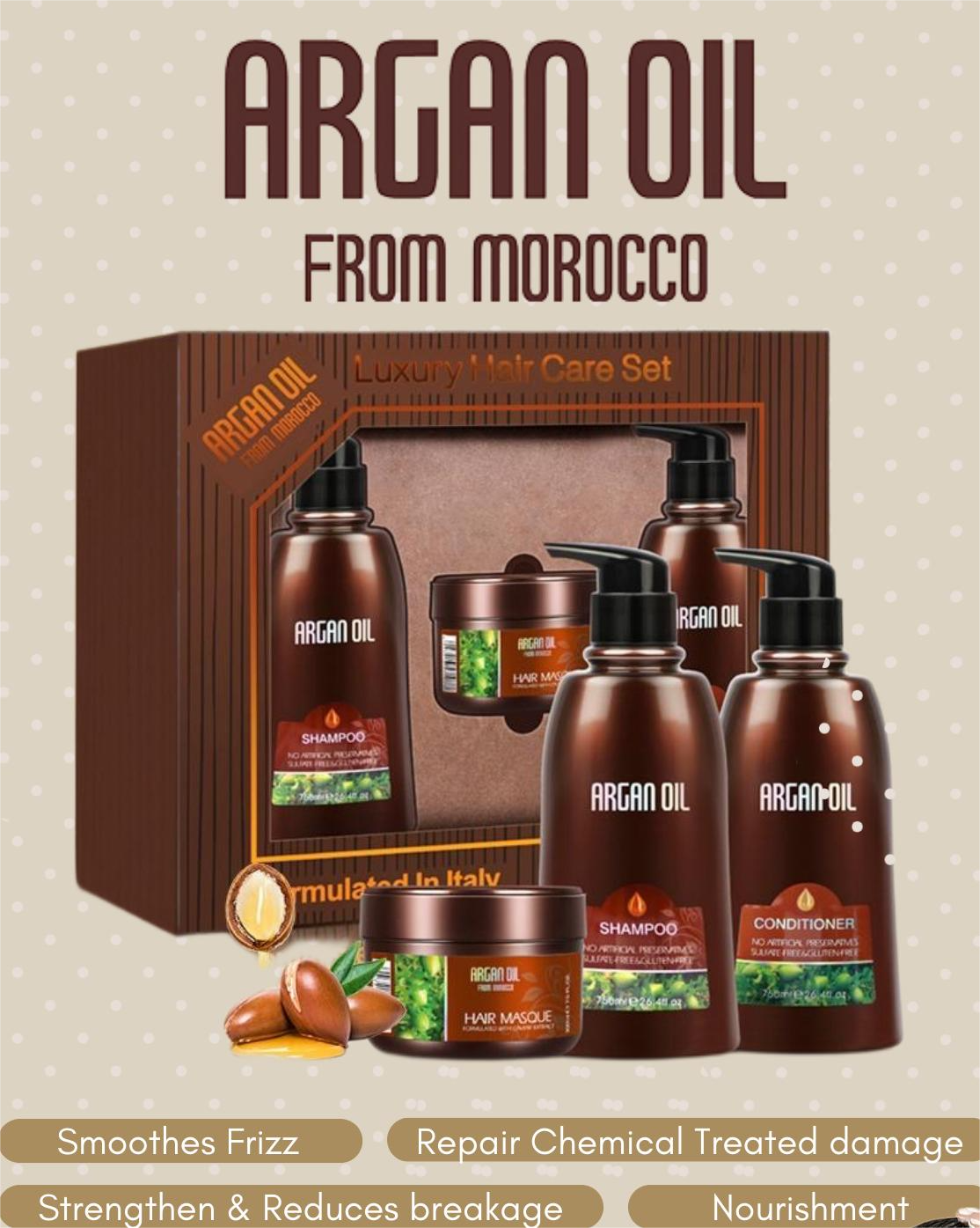 Argan oil trio gift set with shampoo, conditioner, and hair mask bottles in brown box