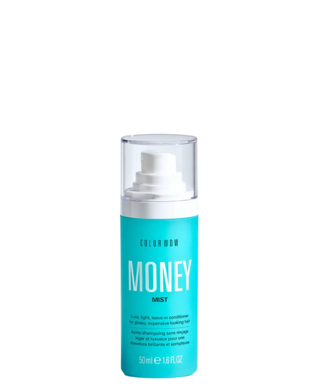 Hair mist bottle with teal label: Money Mist, 50 ml, clear cap and pump