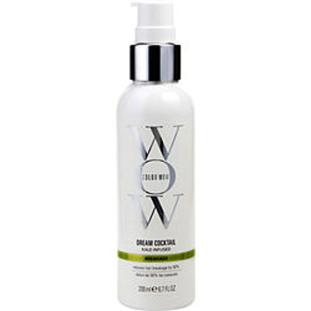 White hair repair treatment bottle with silver pump and green accent label