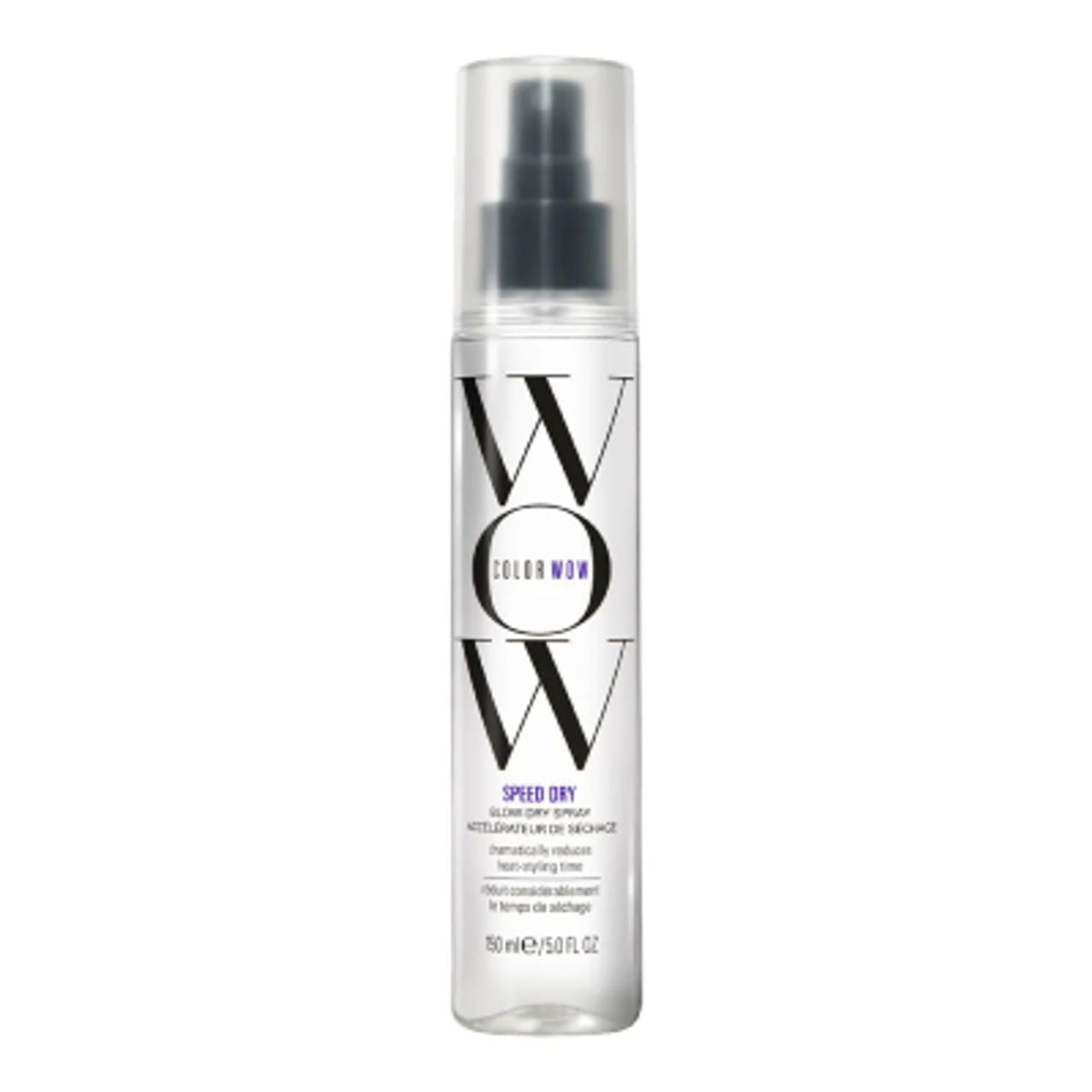 Color WOW Speed Dry blow-dry spray bottle, clear canister with black nozzle