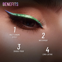 Green holographic winged eyeliner on closed eye with defined lash line