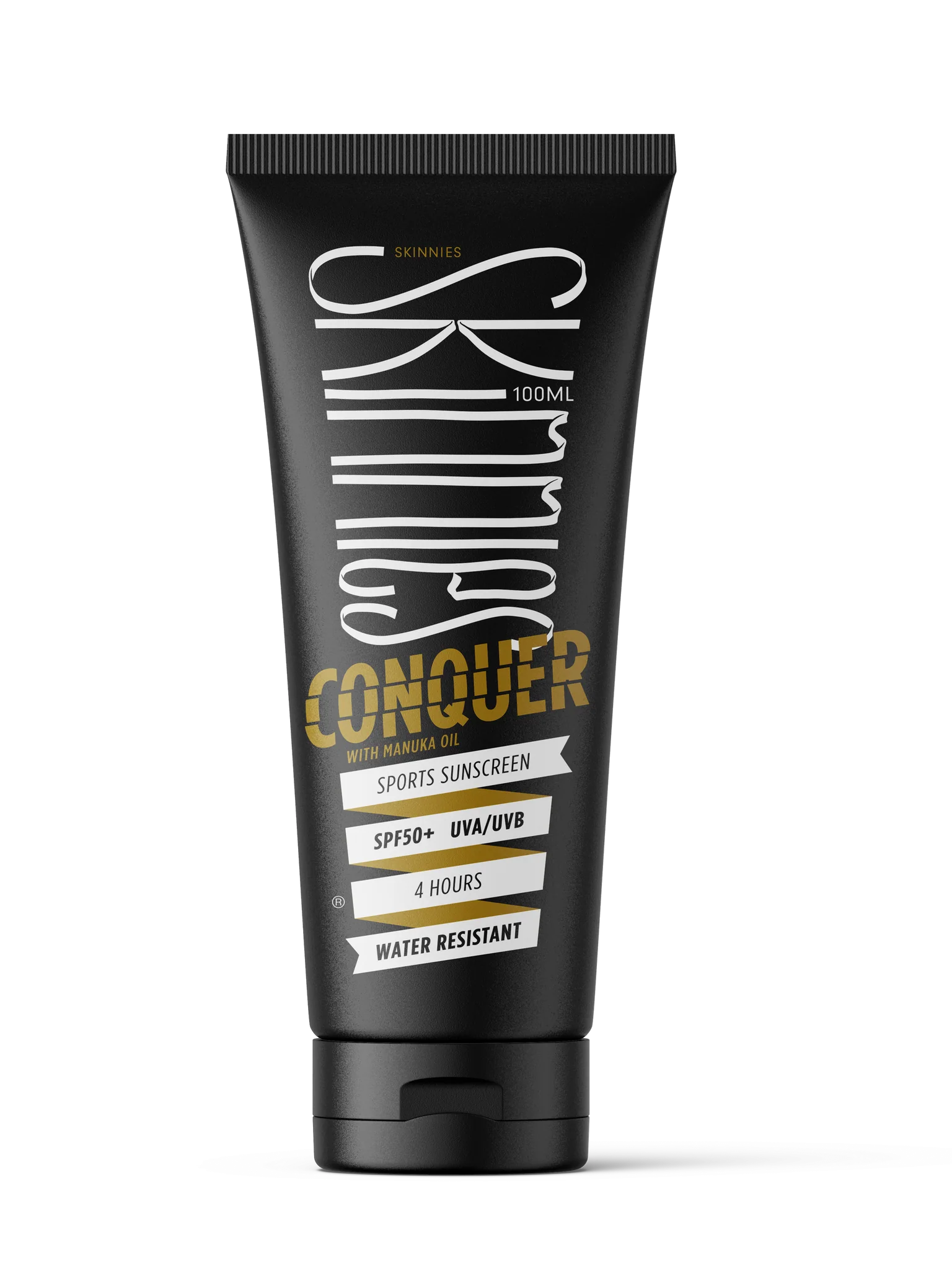 Skinnies CONQUER SPF50+ sunscreen tube, 100ml, dark gray with gold label