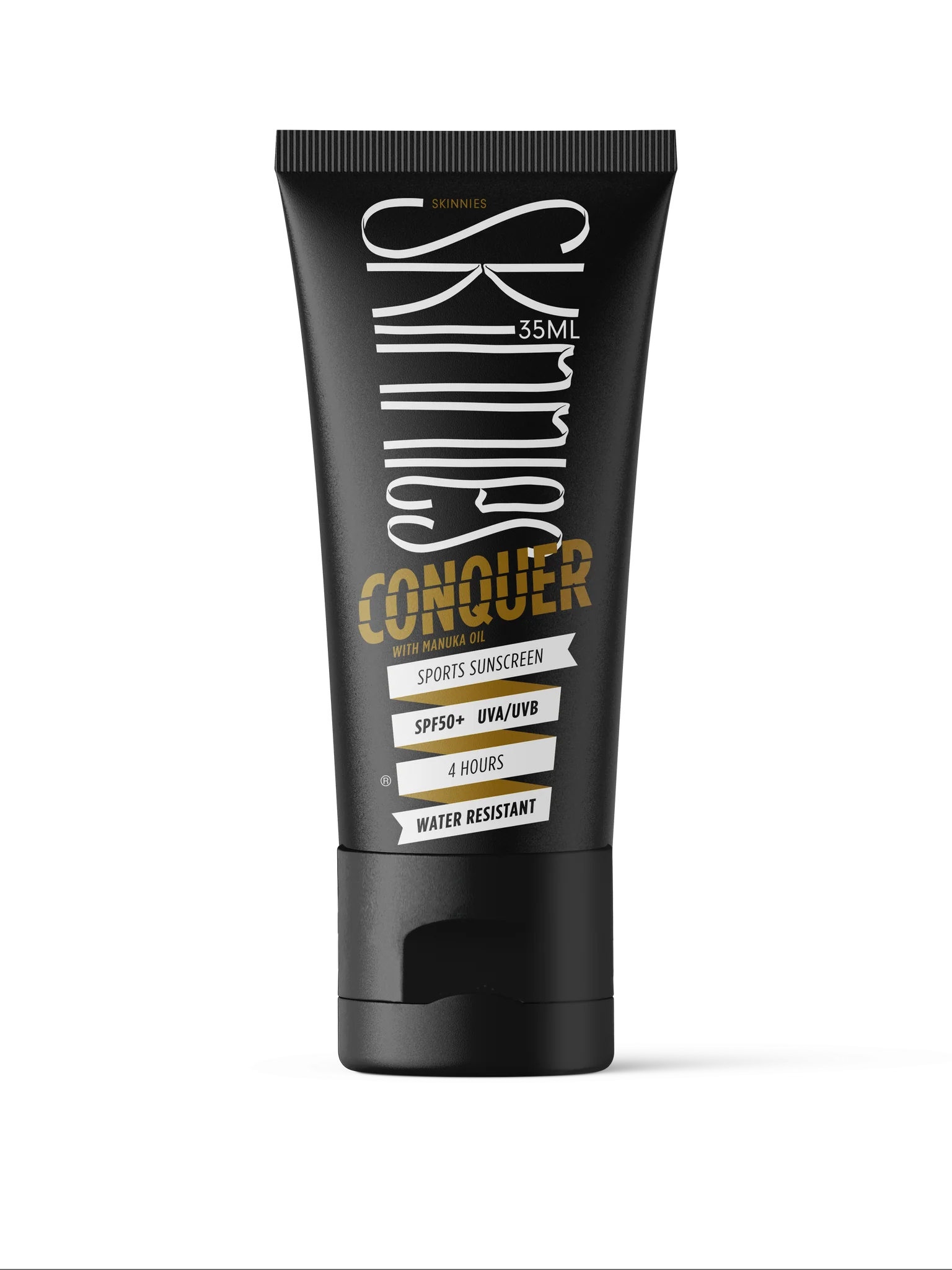 Skinnies CONQUER SPF50+ sunscreen tube, 35 mL, water resistant