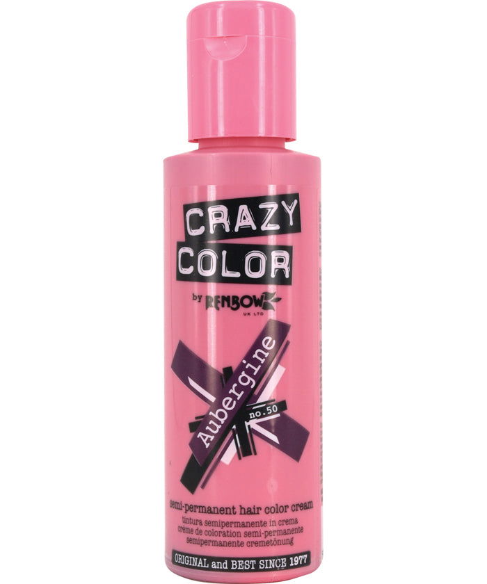 Crazy Color hair dye bottle with pink cap, label reading CRAZY COLOR and Aubergine