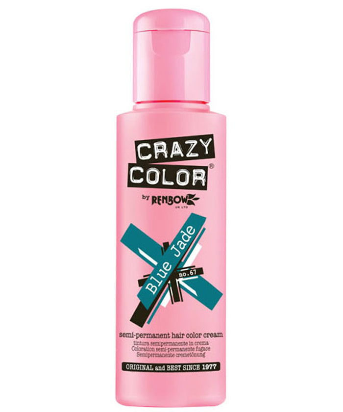 Hair color cream bottle Crazy Color Blue Jade, pink bottle with teal label