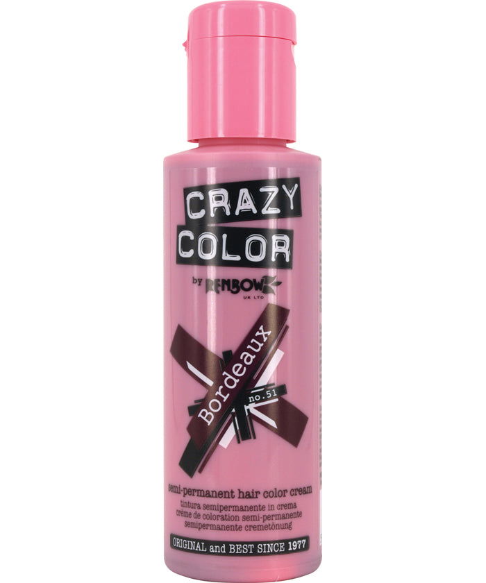 Crazy Color Bordeaux permanent hair color bottle, 100ml, pink-burgundy liquid