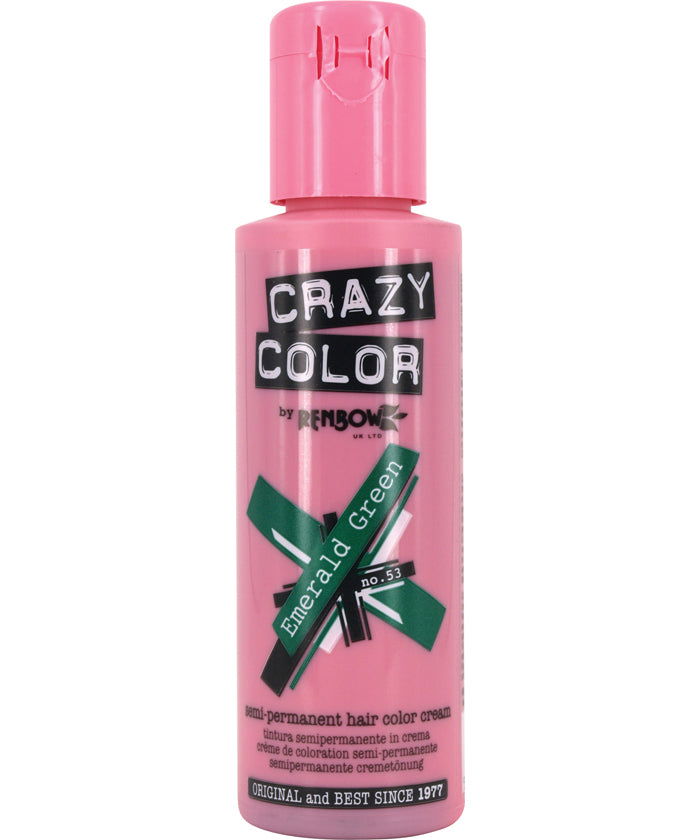 Hair color dye bottle in Emerald Green, pink cap and label